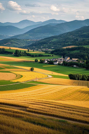 Aerial view of Tuscany landscape with fields and village in Italyの素材