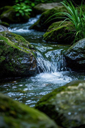Small waterfall in the forest, Thailand. Shallow depth of field.の素材