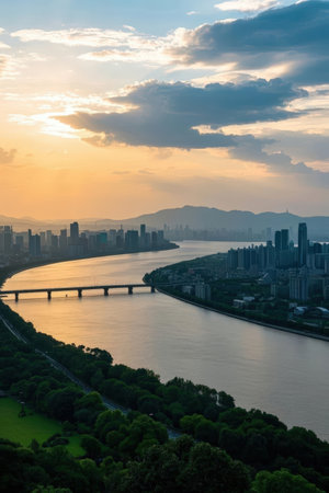 Aerial view of hong kong city skyline at sunset.の素材