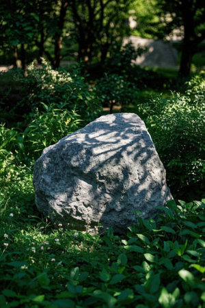 Stone in the garden with green grass and trees. Selective focus.の素材