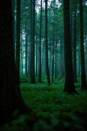 Beautiful green forest in the morning. Nature background. Selective focusの素材