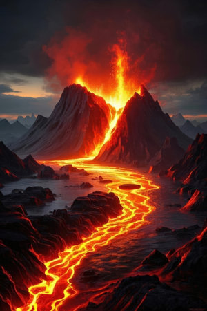 Fantasy alien planet. Mountain and lake. 3D illustration.の素材