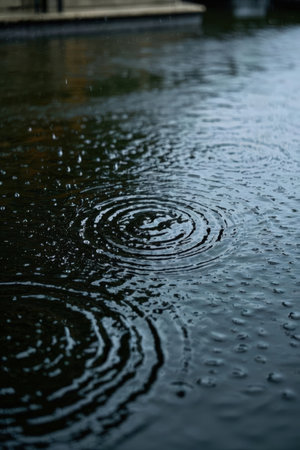 Raindrops on the wet surface of the water. Close-up.の素材