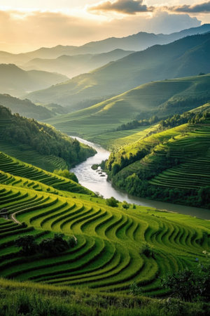 Green Terraced Rice Field in Pa Pong Piang, Vietnamの素材