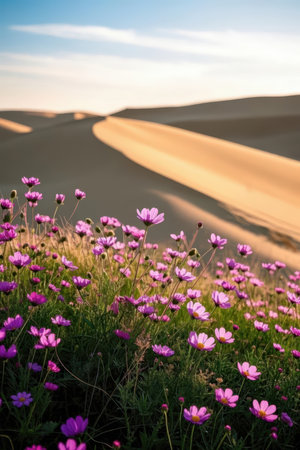 Pink cosmos flowers in the sand dunes of Mui Ne, Vietnamの素材
