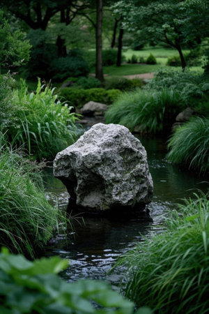 Japanese garden with a stone in the middle of a stream and grassの素材