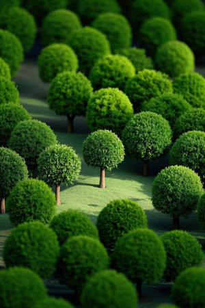 row of green tree in the garden, top view. Natural backgroundの素材