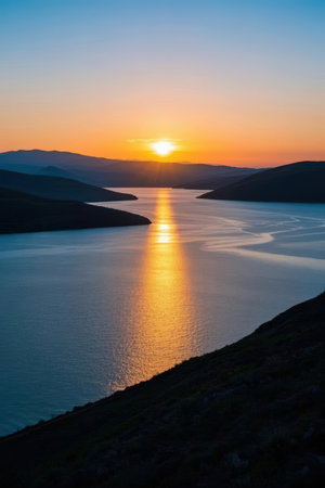 Sunset over Lake Baikal, Siberia, Russia. Mountain landscape.の素材