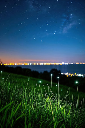 Night landscape with starry sky, grass and city lights. Nature backgroundの素材