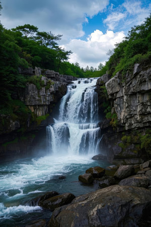 Beautiful waterfall in the forest on a cloudy day. Summer landscapeの素材