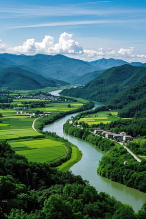 Landscape view of the valley and the river in the mountains.の素材