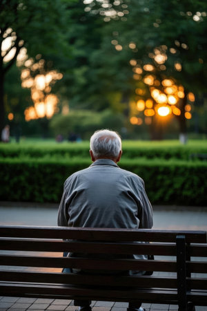 An elderly man is sitting on a bench in the park at sunsetの素材