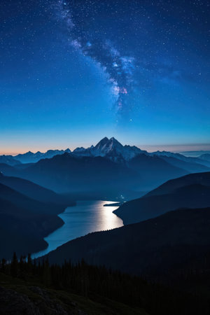 Milky Way over the lake in the mountains at night, Switzerlandの素材