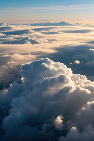 Beautiful view of clouds and sky from the window of a planeの素材