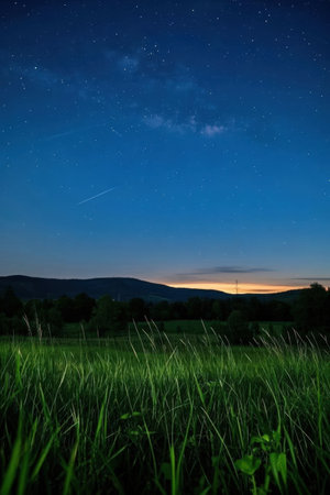 Night starry sky over green meadow. Beautiful nature background.の素材