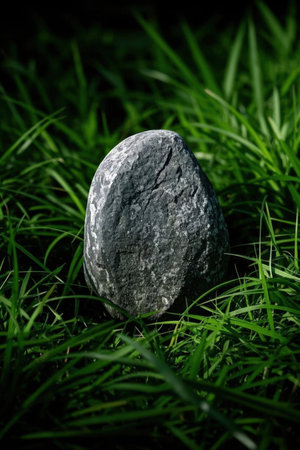 Stone in the grass with a dark background. Shallow depth of fieldの素材