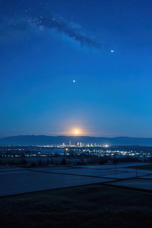 Night sky with stars and moon over the city. Night landscape.の素材
