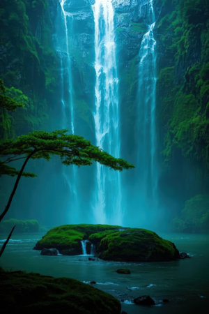 Waterfall in the rainforest of South Island, New Zealand.の素材
