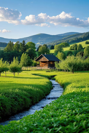 Cottage in the middle of a green field and a small riverの素材