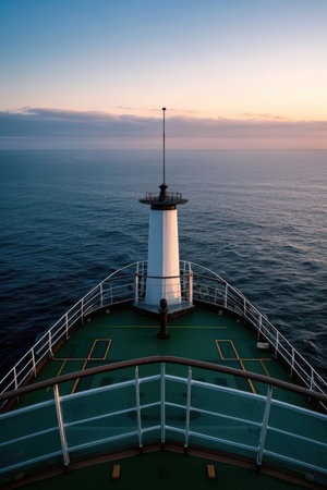 View from the deck of a cruise ship with a lighthouse at sunset.の素材