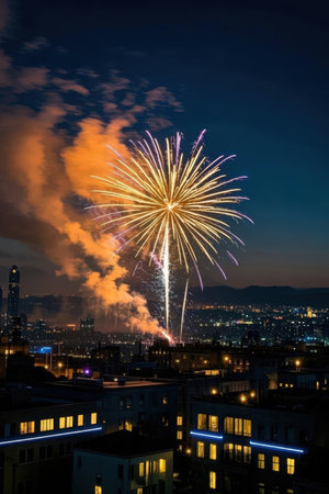 Fireworks over the cityscape of Seoul, South Korea at nightの素材