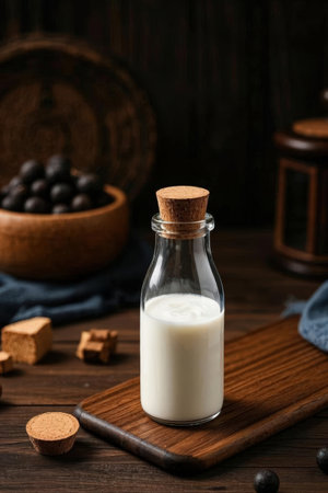 Milk in a bottle on a wooden background, selective focus.の素材