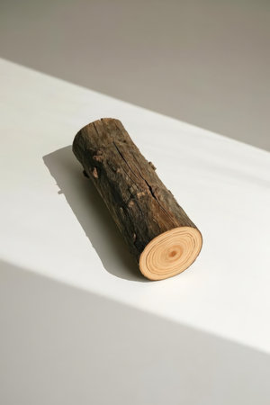 Wooden log on white background with shadow and sunlight from the windowの素材