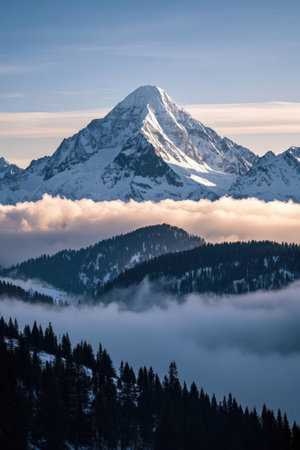 Mountain peak in the clouds. View from Zermatt, Switzerlandの素材