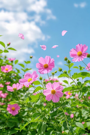Pink cosmos flowers with blue sky background. (Cosmos Bipinnatus)の素材