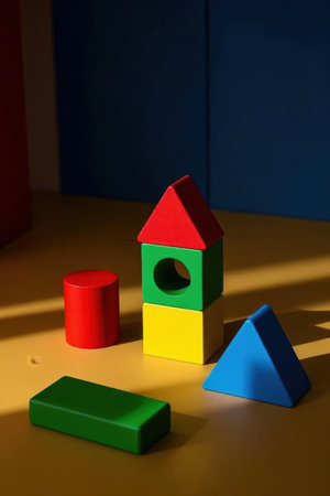 Wooden building blocks on a colorful background. Toys for children.の素材