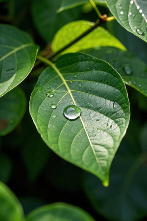 Water drop on green leaf after the rain in the morning.(Selective focus)の素材