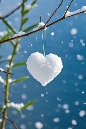 Heart made of snow on a branch against the blue sky and the seaの素材