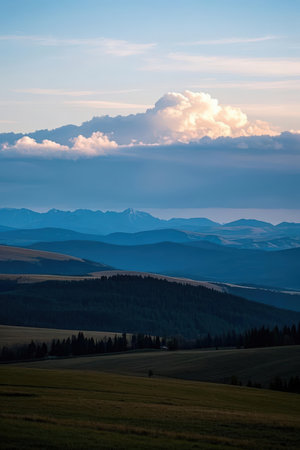 Beautiful mountains landscape at sunset. Carpathian, Ukraine, Europe.の素材