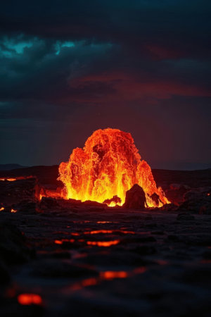 Volcanic eruption at sunset in Iceland, Europe. Volcanic eruption at sunset.の素材
