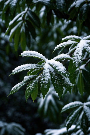 Snow on the leaves of a rhododendron plant.の素材