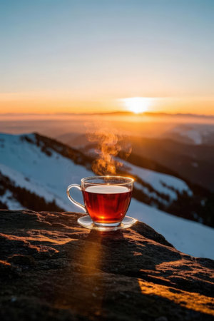 Cup of hot tea on the top of the mountain at sunsetの素材