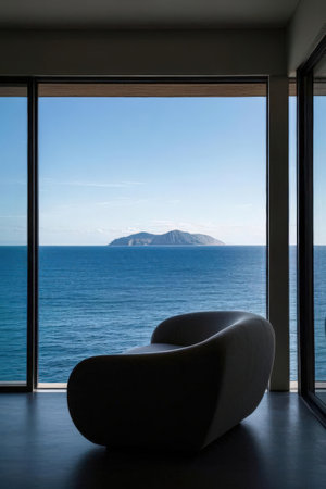 interior new house, panoramic view of sea and mountainの素材
