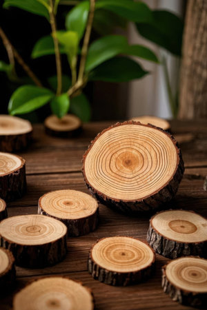 Wooden background with cut tree rings and green leaves, selective focusの素材