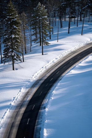 Winding winter road in the mountains. Beautiful winter landscape with snowy roadの素材