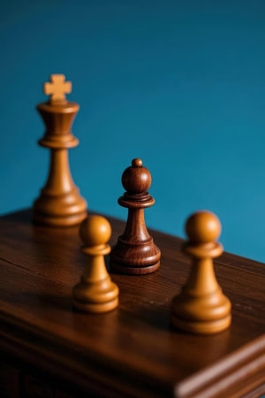 Wooden chess pieces on a table. Wooden chess pieces on a blue backgroundの素材