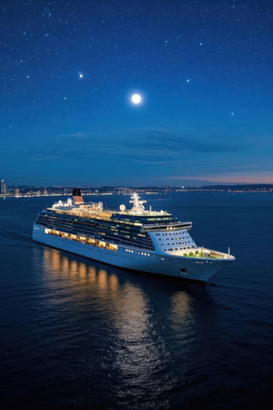 Cruise ship in the sea at night with starry sky.の素材