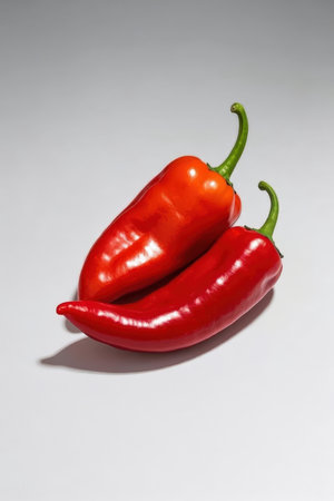 Two red hot peppers on a white background. The concept of healthy eating.の素材