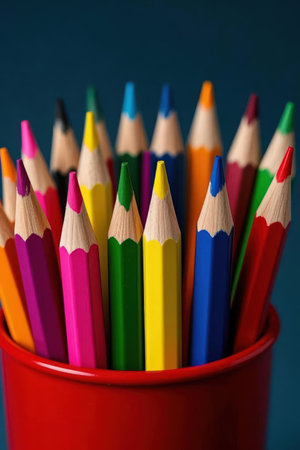 Colorful pencils in a red cup on a dark blue backgroundの素材