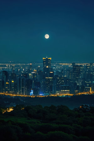 Night view of the city and the moon in Beijing, China.の素材