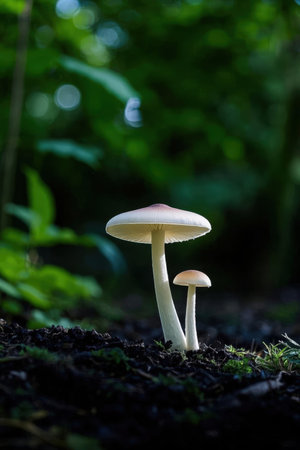 Mushroom growing in the forest on a background of green leavesの素材
