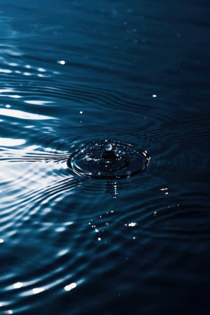 Drop of water falling on the surface of the water. Blue backgroundの素材