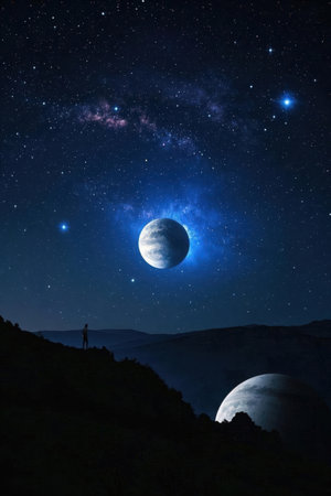 Silhouette of a man standing on the edge of a mountain and looking at the milky way.の素材