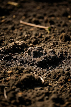 closeup of a molehill in a field with soil and grassの素材