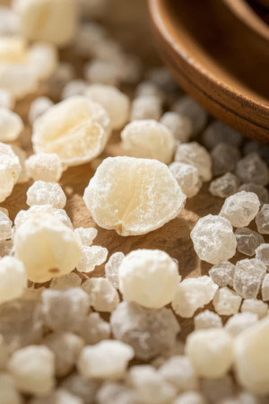 Close-up of white sea salt in wooden bowl on wooden tableの素材