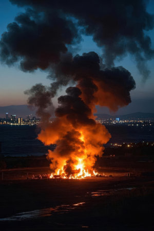 Flames and smoke from a large fire in the city at nightの素材